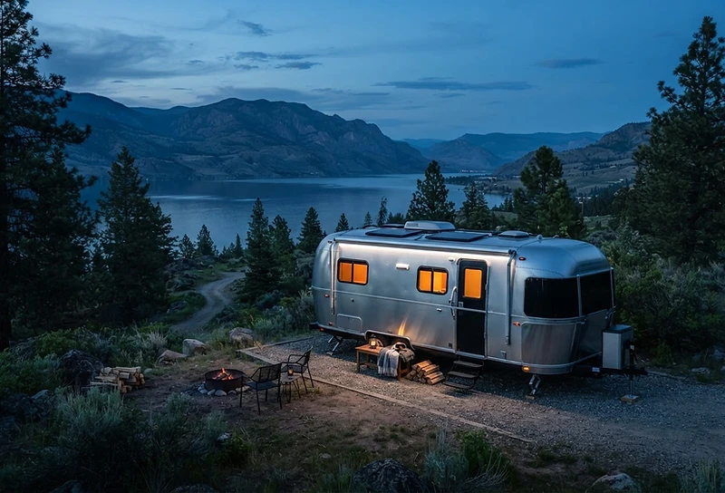 Travel trailer at a serene Okanagan campsite at twilight