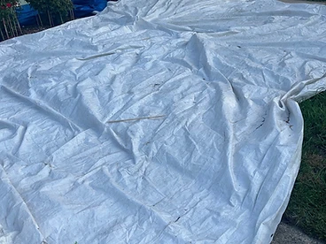 White protective tarp laid out on the ground in a residential yard