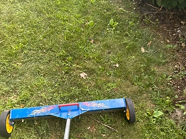 Blue magnetic sweeper with a red handle being held over green grass near a pink hydrangea bush during final site cleanup