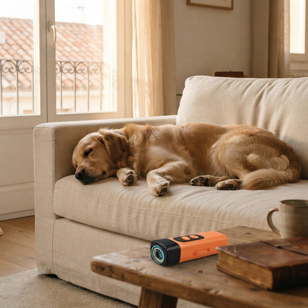Perro tranquilo en el sofá con BarkProtection