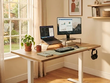 A warm, sunlit home office with a modern electric standing desk in mid-standing position, natural wood surface, laptop and monitor, terracotta and sage accents