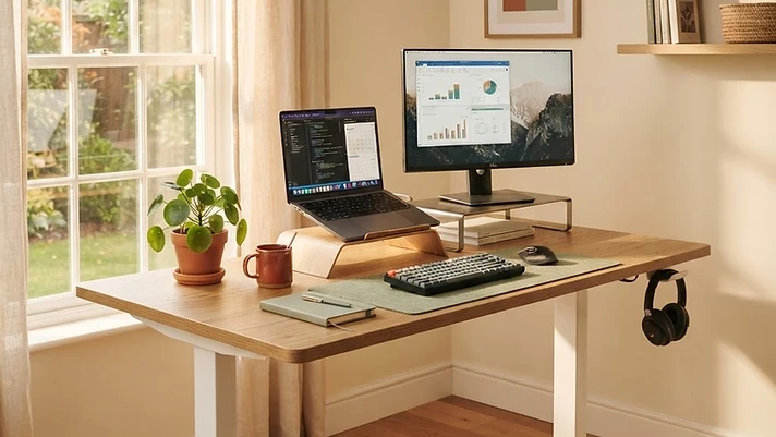A warm, sunlit home office with a modern electric standing desk in mid-standing position, natural wood surface, laptop and monitor, terracotta and sage accents