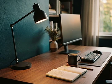 A warm amber desk lamp glowing across a wooden home-office desk beside a dark monitor, with a deep teal wall behind