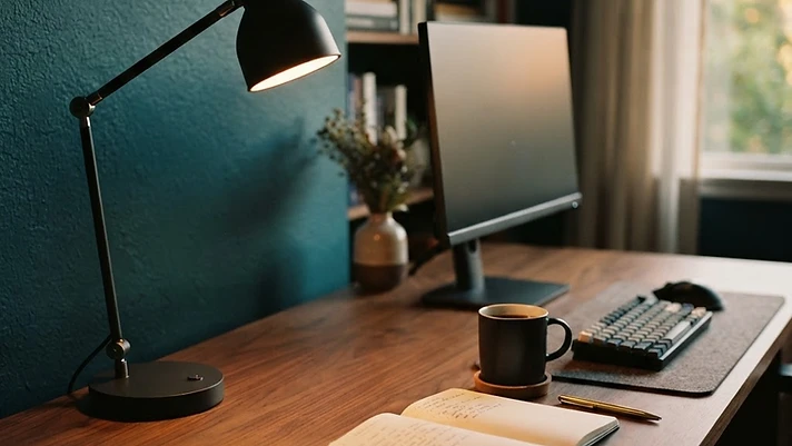 A warm amber desk lamp glowing across a wooden home-office desk beside a dark monitor, with a deep teal wall behind