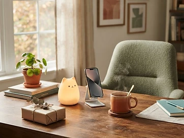 A cozy home office desk with a wrapped gift, a glowing cat night light, a phone stand, and a cup of tea in warm afternoon light