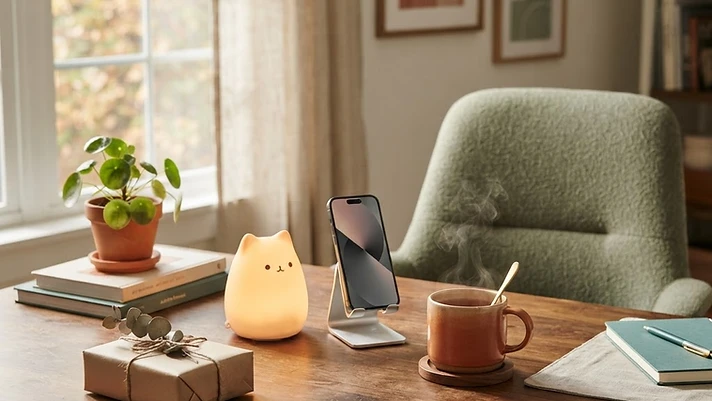 A cozy home office desk with a wrapped gift, a glowing cat night light, a phone stand, and a cup of tea in warm afternoon light