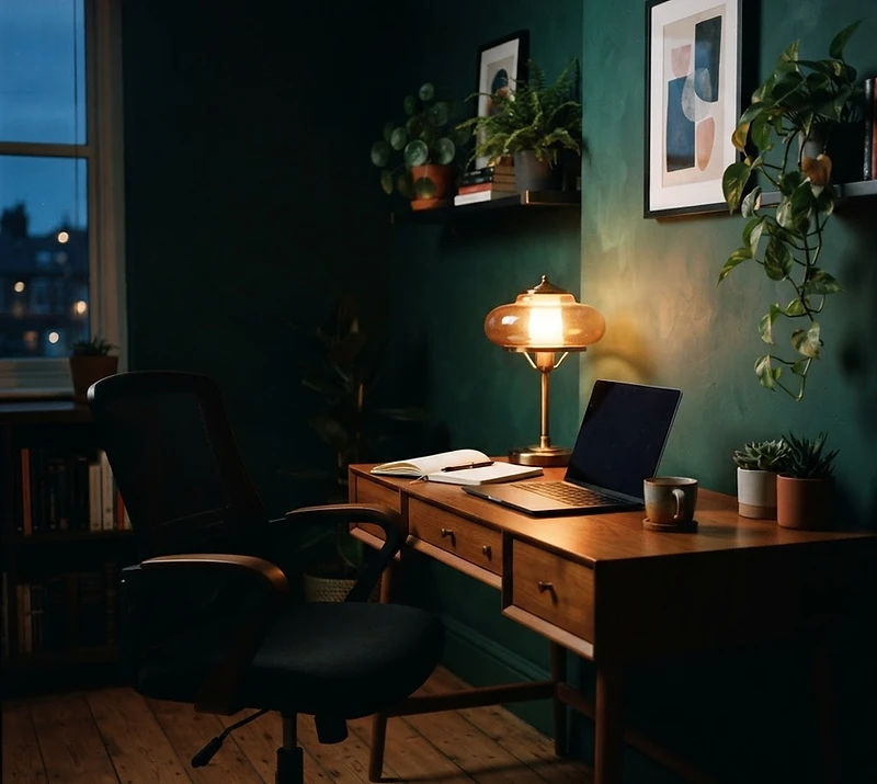 A moody home office with deep teal walls and a warm amber desk lamp glowing across a wooden desk