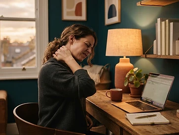 A person at a wooden home office desk rubbing their stiff neck in warm afternoon light