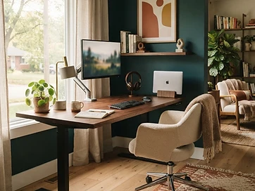 A comfortable well-equipped home office with a wooden standing desk, ergonomic chair, monitor on an arm, desk lamp, and headphones in warm morning light