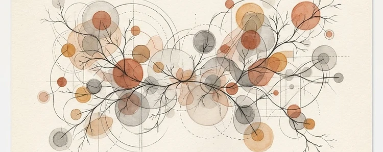 Editorial illustration: branching lines and overlapping translucent forms suggesting the exchange of ideas and resonance