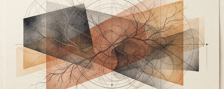 Editorial illustration: layered translucent planes and intersecting fine lines on warm ivory paper