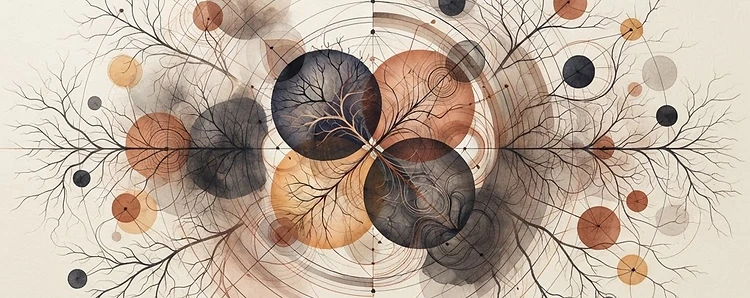 Editorial illustration: branching organic forms and fine network lines on warm ivory paper