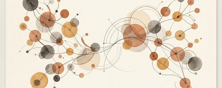 Editorial illustration: two organic networks gently meeting through shared geometric forms, suggesting connection and conversation