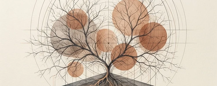 Editorial illustration: grounded geometric layers giving rise to branching networks on warm ivory paper