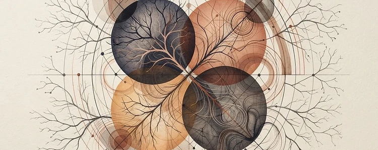 Editorial illustration: organic branching forms becoming relational networks on warm ivory paper