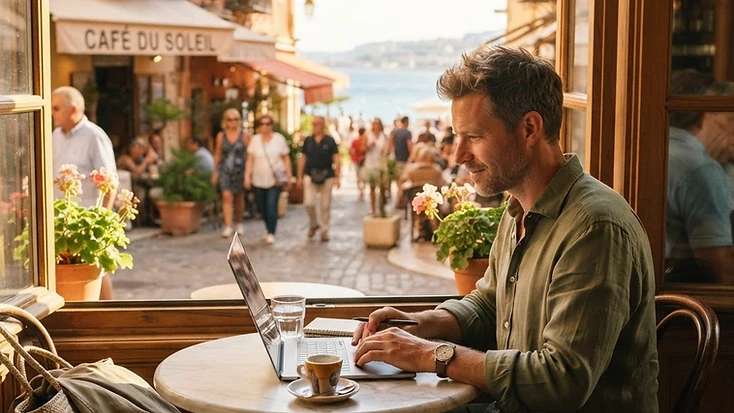 A man in his 40s working from his laptop in a sunlit café in Nice