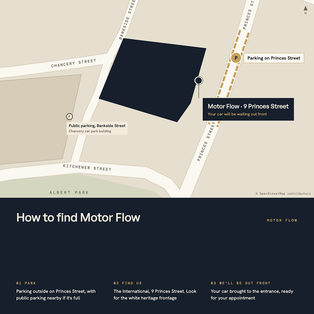 Map showing Motor Flow at The International, 9 Princes Street, Auckland, with parking on Princes Street and public parking on Bankside Street