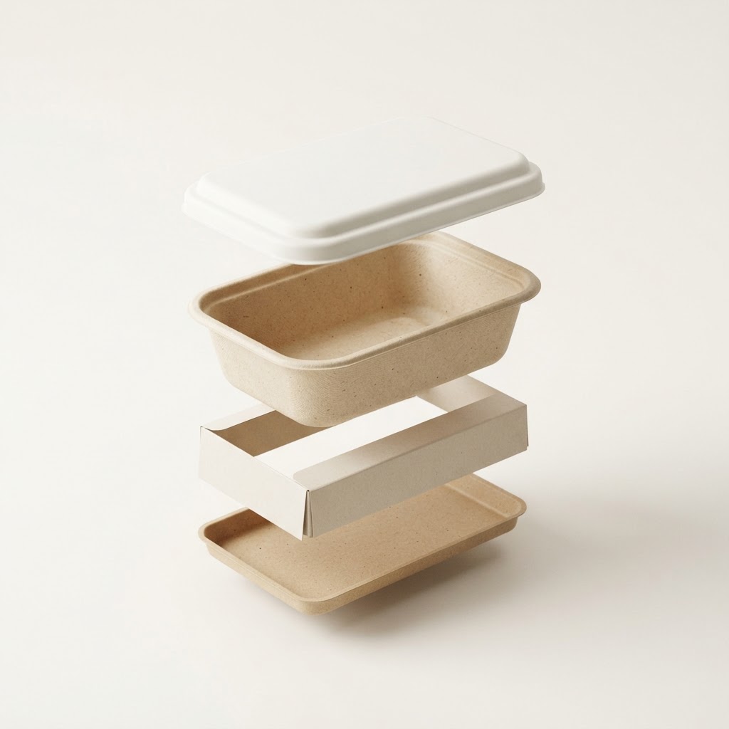 Composizione del packaging riutilizzabile da progettare: coperchio, chiusura e base separati.