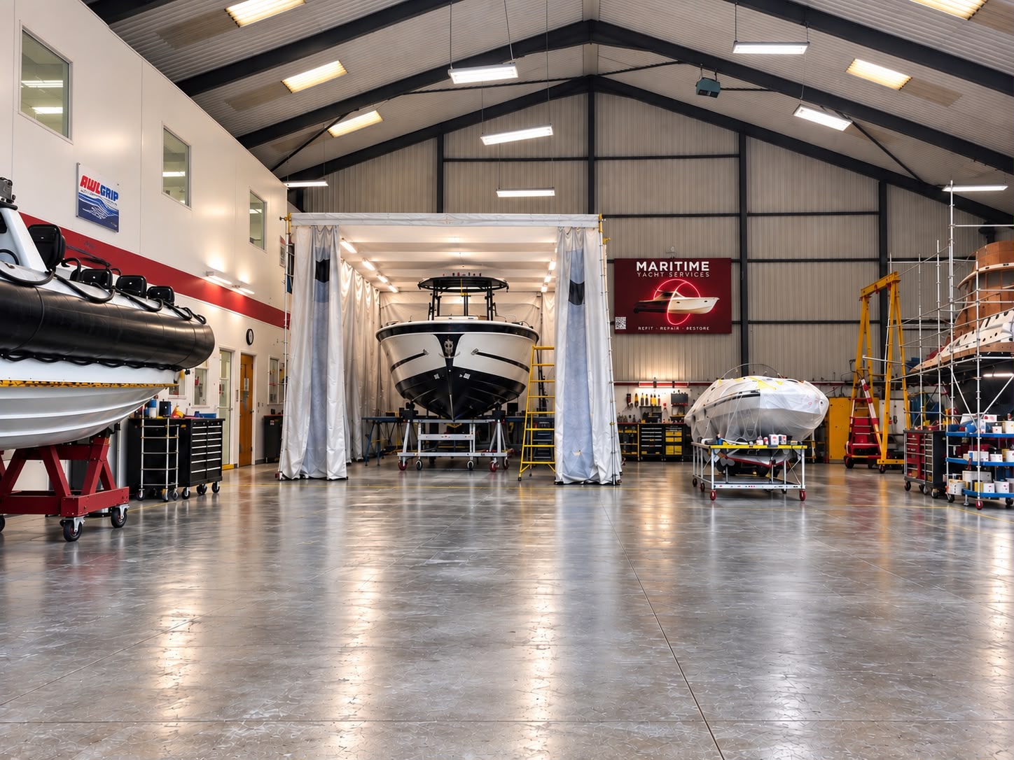 A motor yacht in refit at golden hour