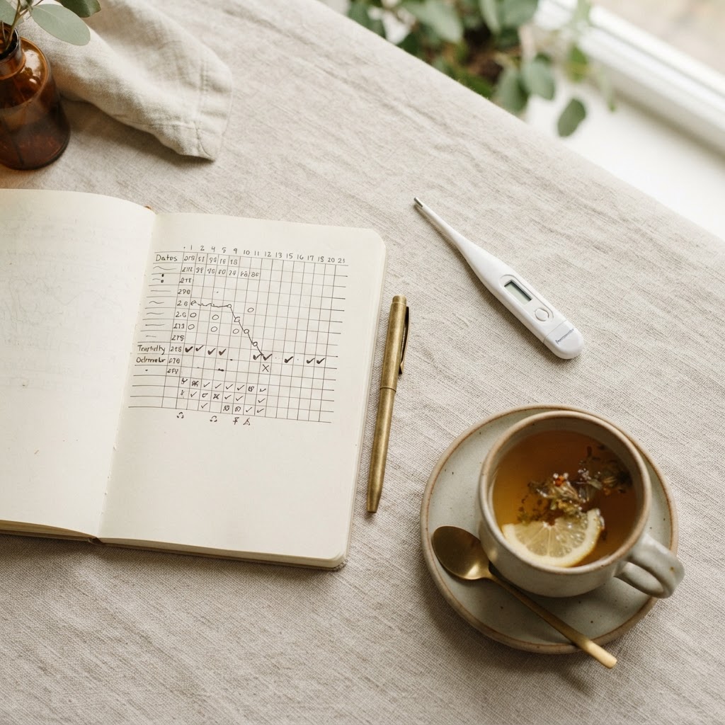 A fertility chart beside a basal body thermometer and a mug of tea