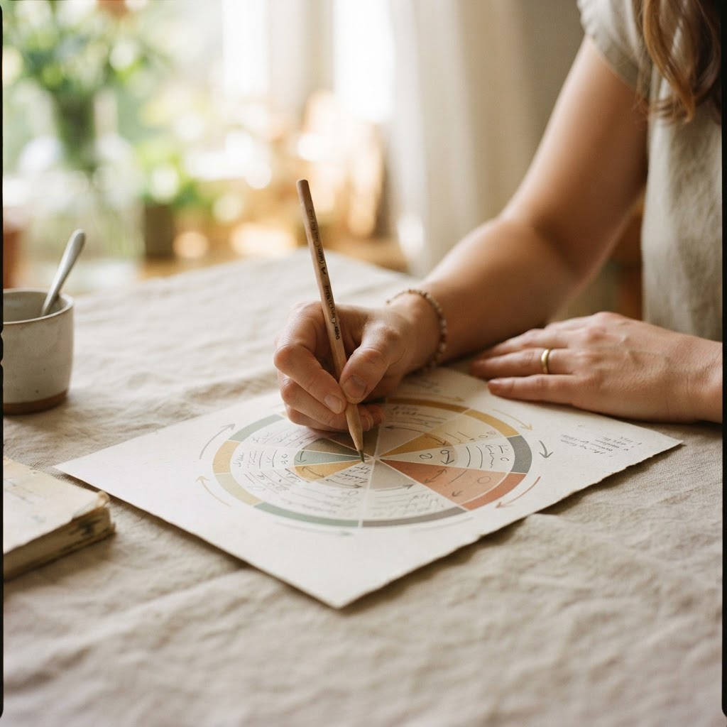 A hand marking cervical mucus observations on a paper cycle chart