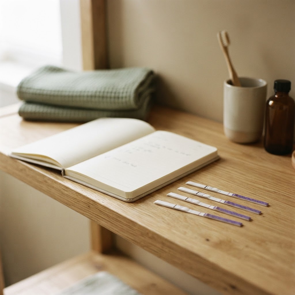 Ovulation test strips and a notebook on a bathroom shelf