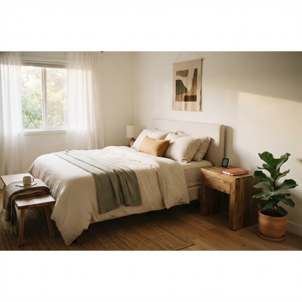 A calm bedroom with a thermometer and a fertility notebook on a nightstand