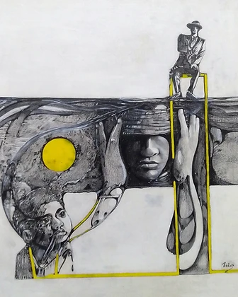 Rostros y sol amarillo, mixta, 2025