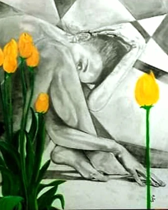 Mujer y flores amarillas, mixta, 2025