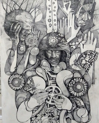 Hombre con reloj y girasoles, lápiz, 2025