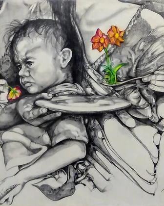 Niño con flores, lápiz, 2025