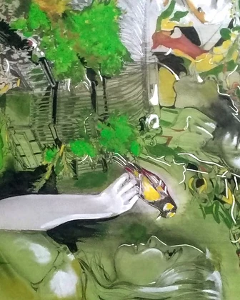 Mujer y pájaro, mixta, 2025