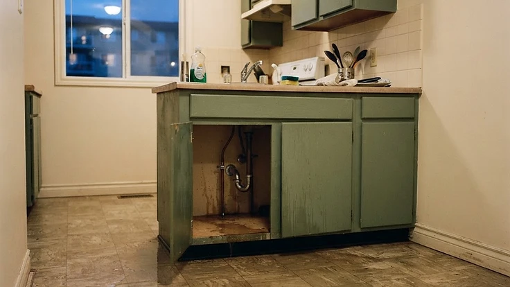 Documentary photo of water from a plumbing leak spreading across a rental kitchen floor.