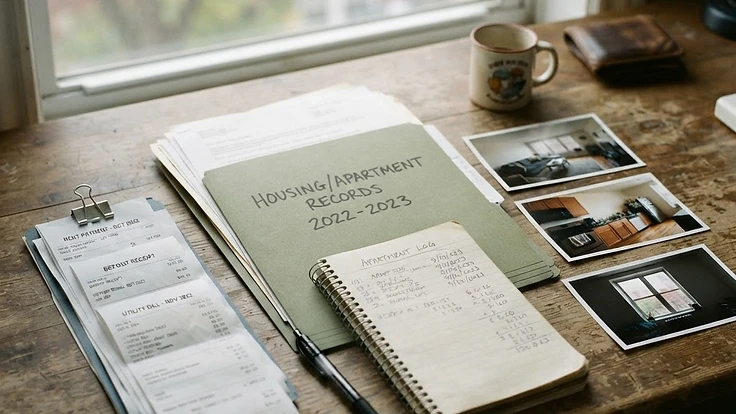 An organized folder of housing documents with dated receipts, printed apartment photographs, and a notebook on a desk