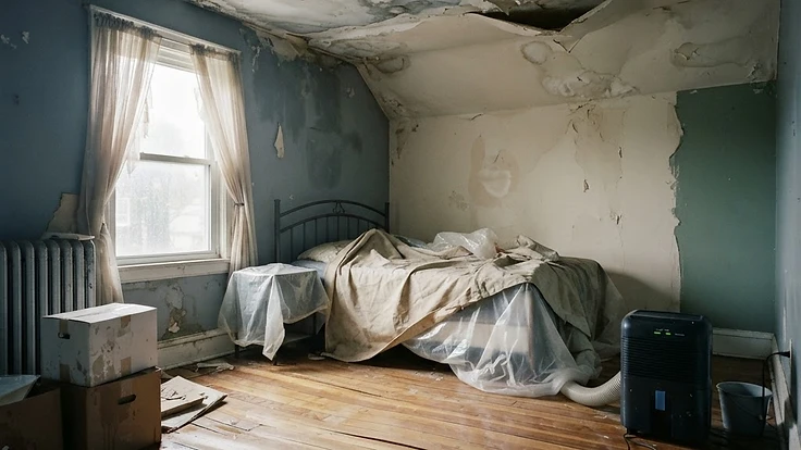 Documentary photo of a rental bedroom made unusable by ceiling water damage and warped flooring.
