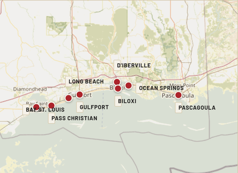 Map of Holland’s Construction service areas along the Mississippi Gulf Coast
