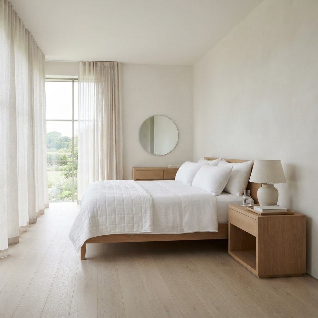 Freshly made bed with crisp white linens in a sunlit bedroom