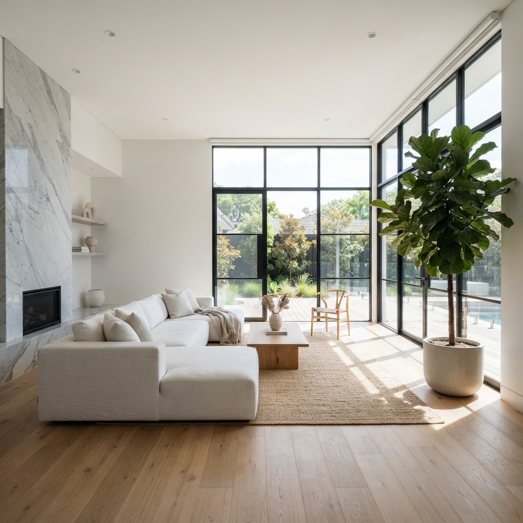 Sunlit minimalist modern living room with a dust-free marble surface and soft linen textures