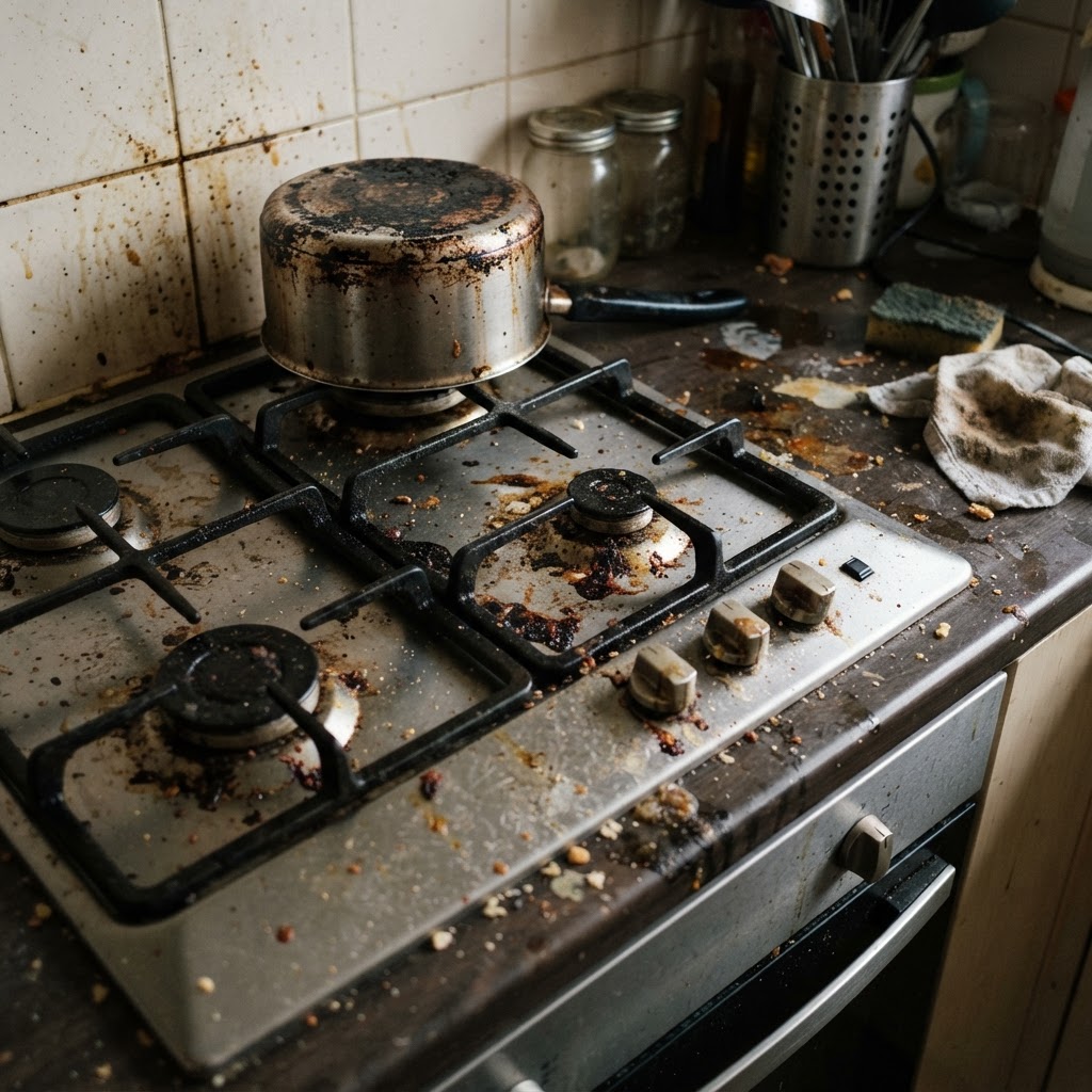 Kitchen stove before cleaning — grease buildup and grime