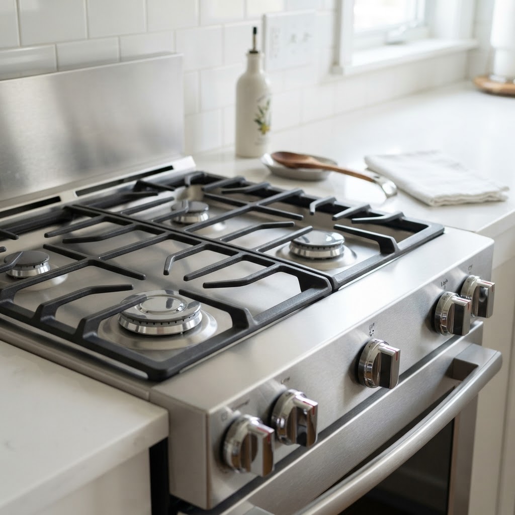 Kitchen stove after deep cleaning — gleaming chrome and spotless surfaces