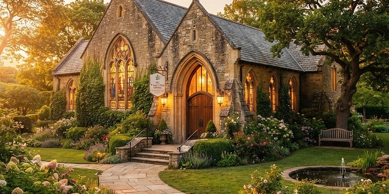A warm, welcoming healing center at golden hour