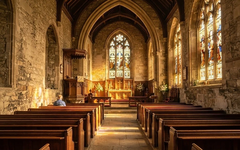 Golden light streaming through the stained glass windows of an old chapel sanctuary