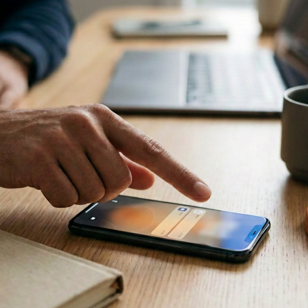 A high-angle close-up of a hand pausing over a phone on a wooden desk, with a notebook, mug, and softly blurred laptop behind.