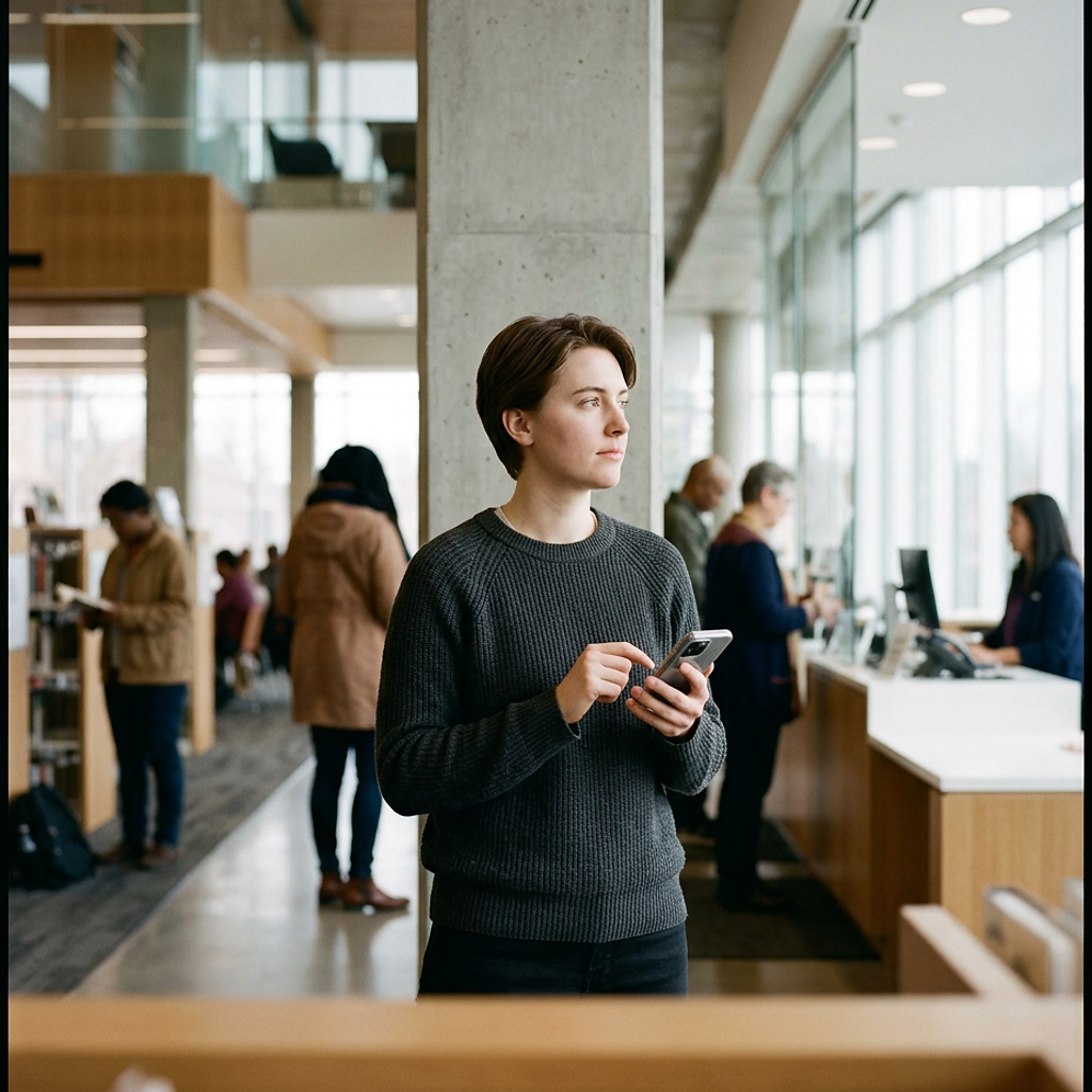 A person standing in a bright public library, looking up from their phone, with shelves, a service counter, and other visitors softly blurred behind.