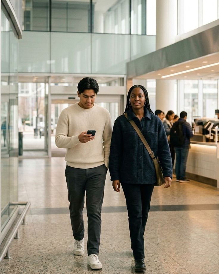 Two friends walking together through a bright public lobby, one checking a phone, with a service counter behind them.