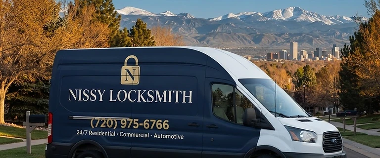 Nissy Locksmith branded Ford Transit cargo van parked in Centennial, Colorado with the Rocky Mountains in the distance