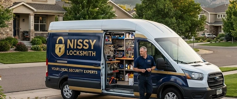 Nissy Locksmith's navy and gold branded Ford Transit work van parked at a home in Centennial, Colorado