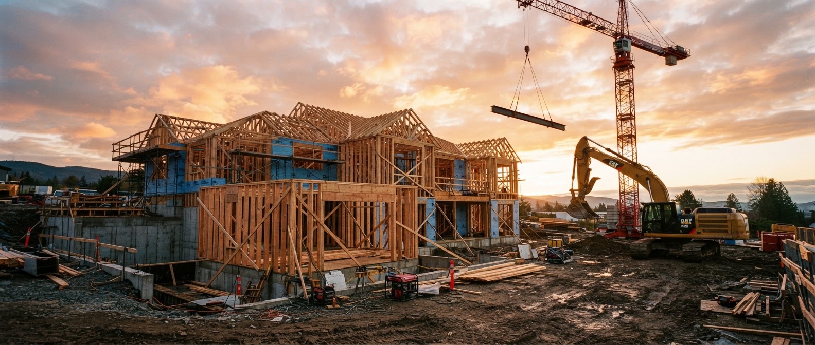 House under construction with a crane and excavator at sunrise