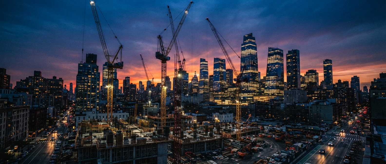 City skyline with construction cranes at dusk