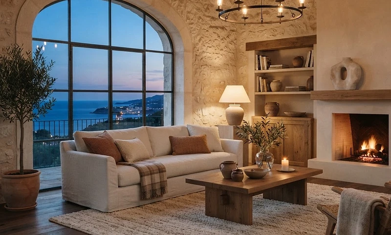 A warm Mediterranean living room at dusk